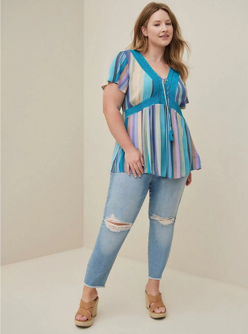 TORRID Babydoll Crinkle Gauze Crochet Inset Lace-Up Top - Image 2