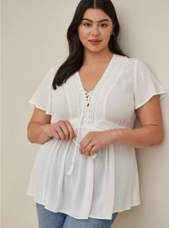 TORRID Babydoll Crinkle Gauze Crochet Inset Lace-Up Top