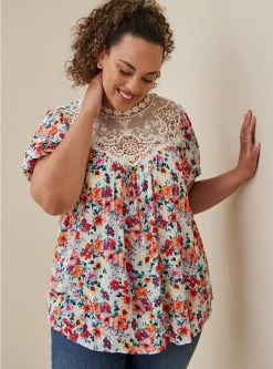 TORRID Crinkle Gauze Crochet Detail Top