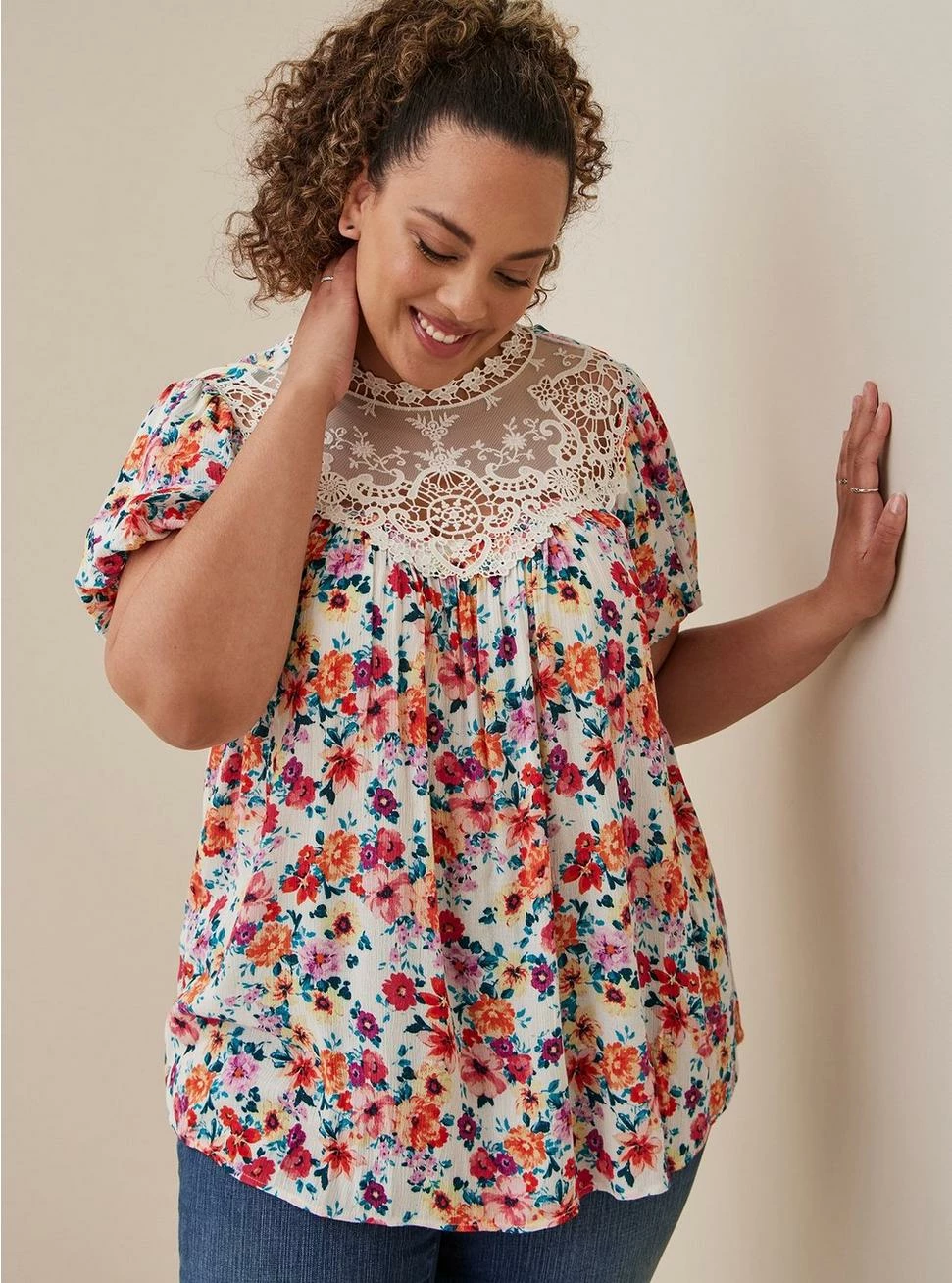 TORRID Crinkle Gauze Crochet Detail Top