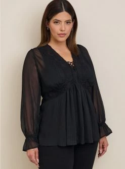 TORRID Babydoll Crinkle Lurex Chiffon Crochet Lace-Up Top