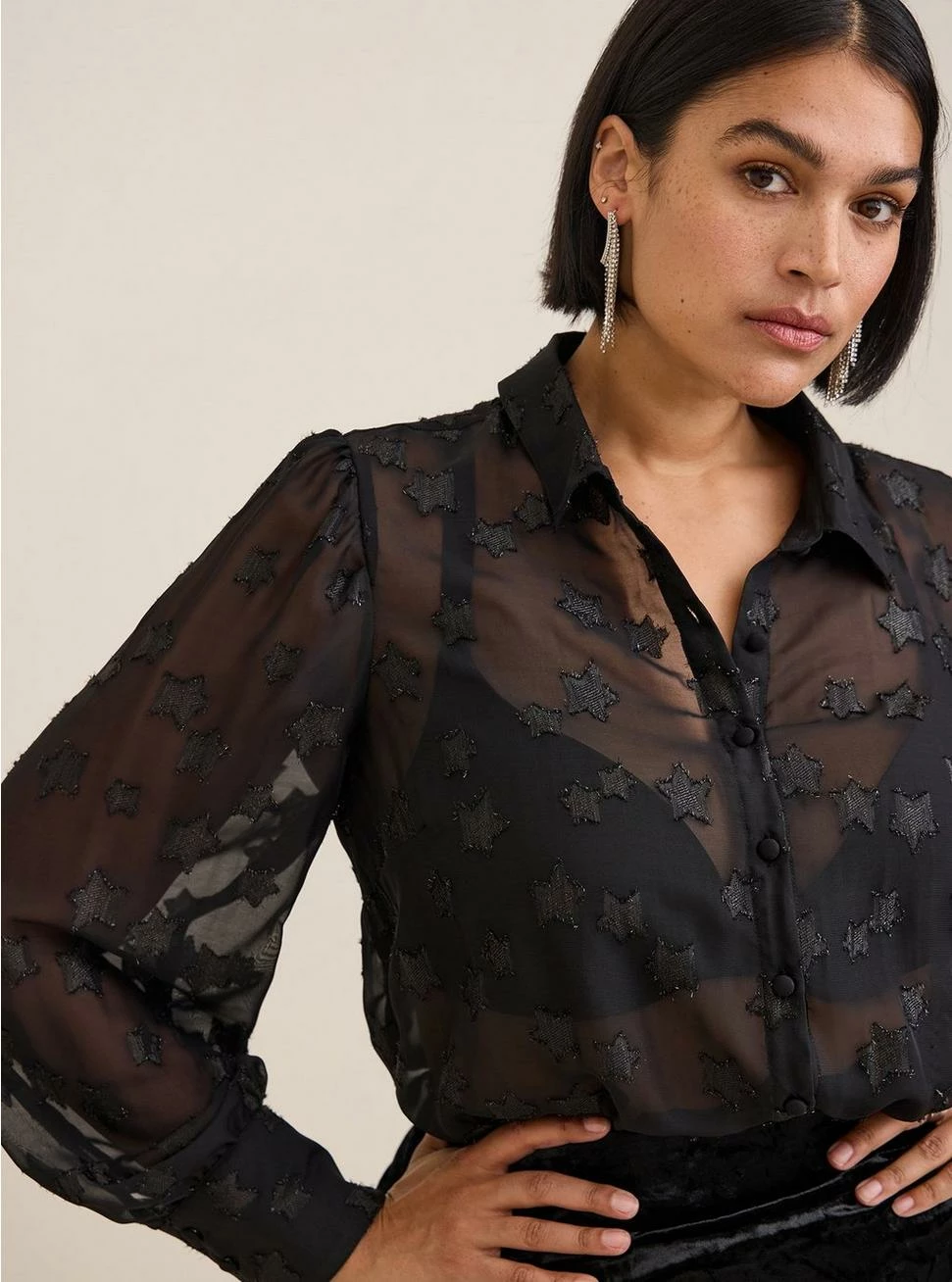 TORRID Madison Lurex Stars Button Up Long Sleeve Shirt - Image 4