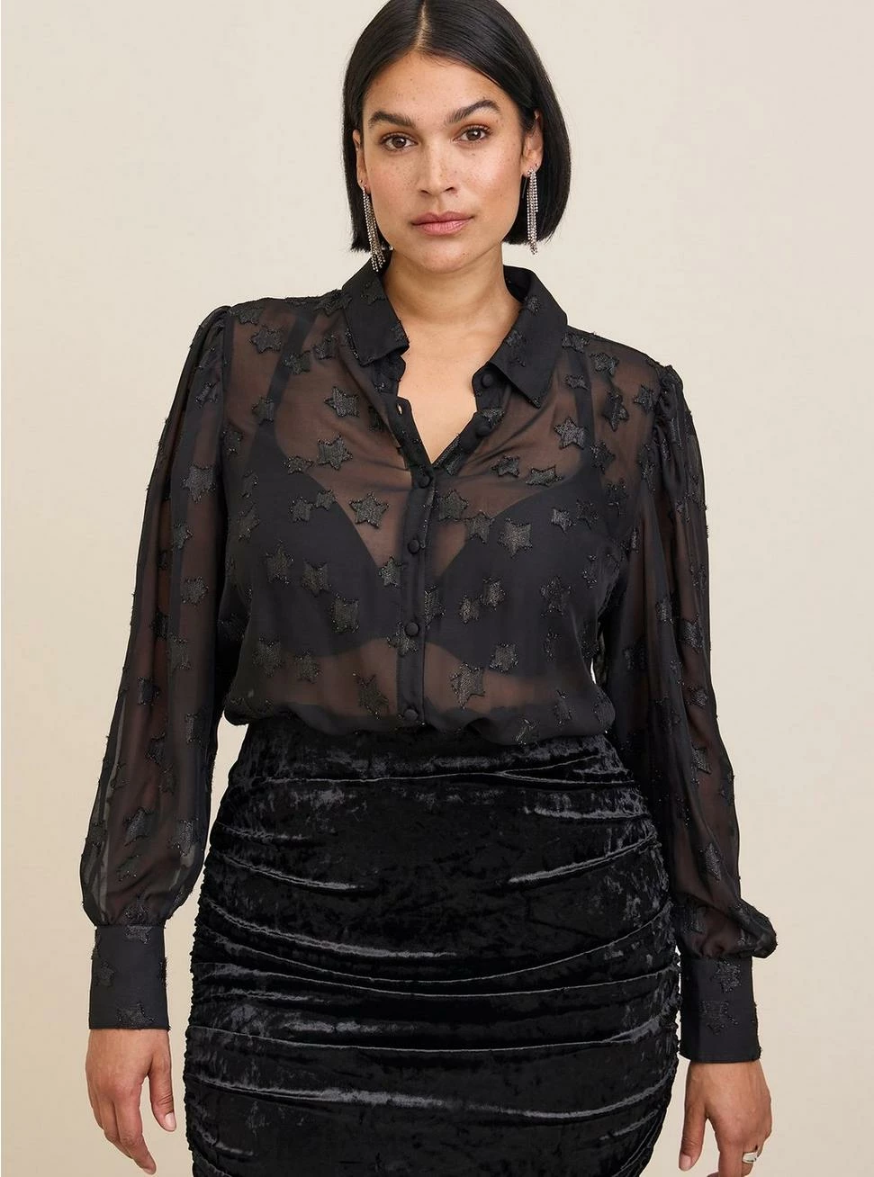 TORRID Madison Lurex Stars Button Up Long Sleeve Shirt