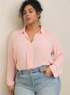 TORRID Madison Shirring And Embroidered Long Sleeve Shirt