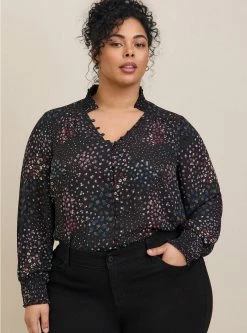 TORRID Georgette Button Front Smocked Collar Long Sleeve Blouse