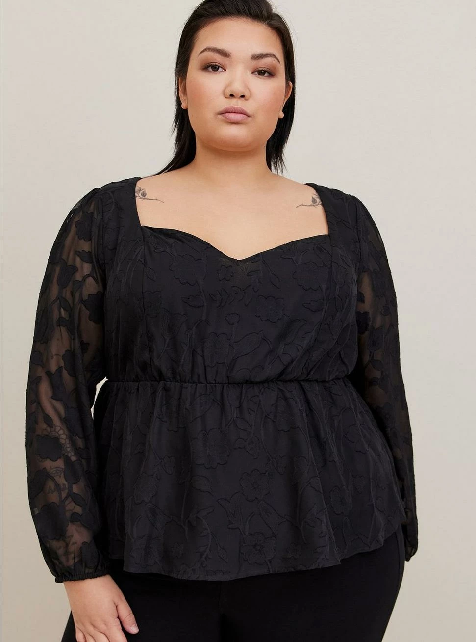 TORRID Peplum Chiffon Clip Floral Puff Sleeve Top