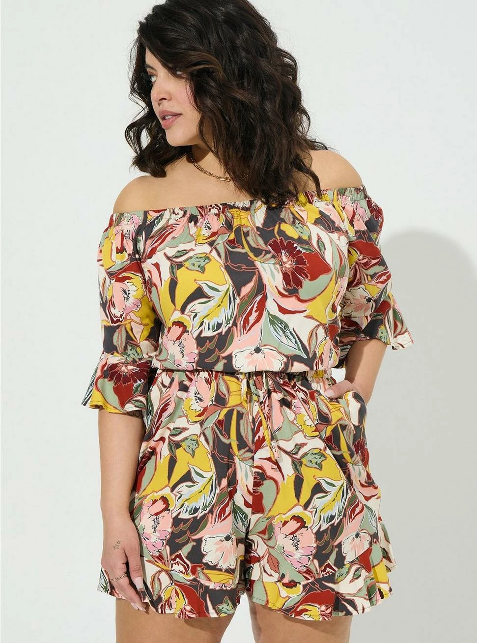 TORRID Stretch Challis Off The Shoulder Romper - Image 3