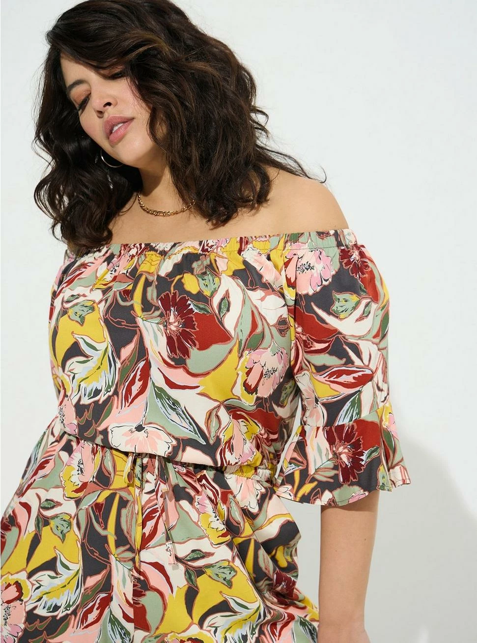 TORRID Stretch Challis Off The Shoulder Romper