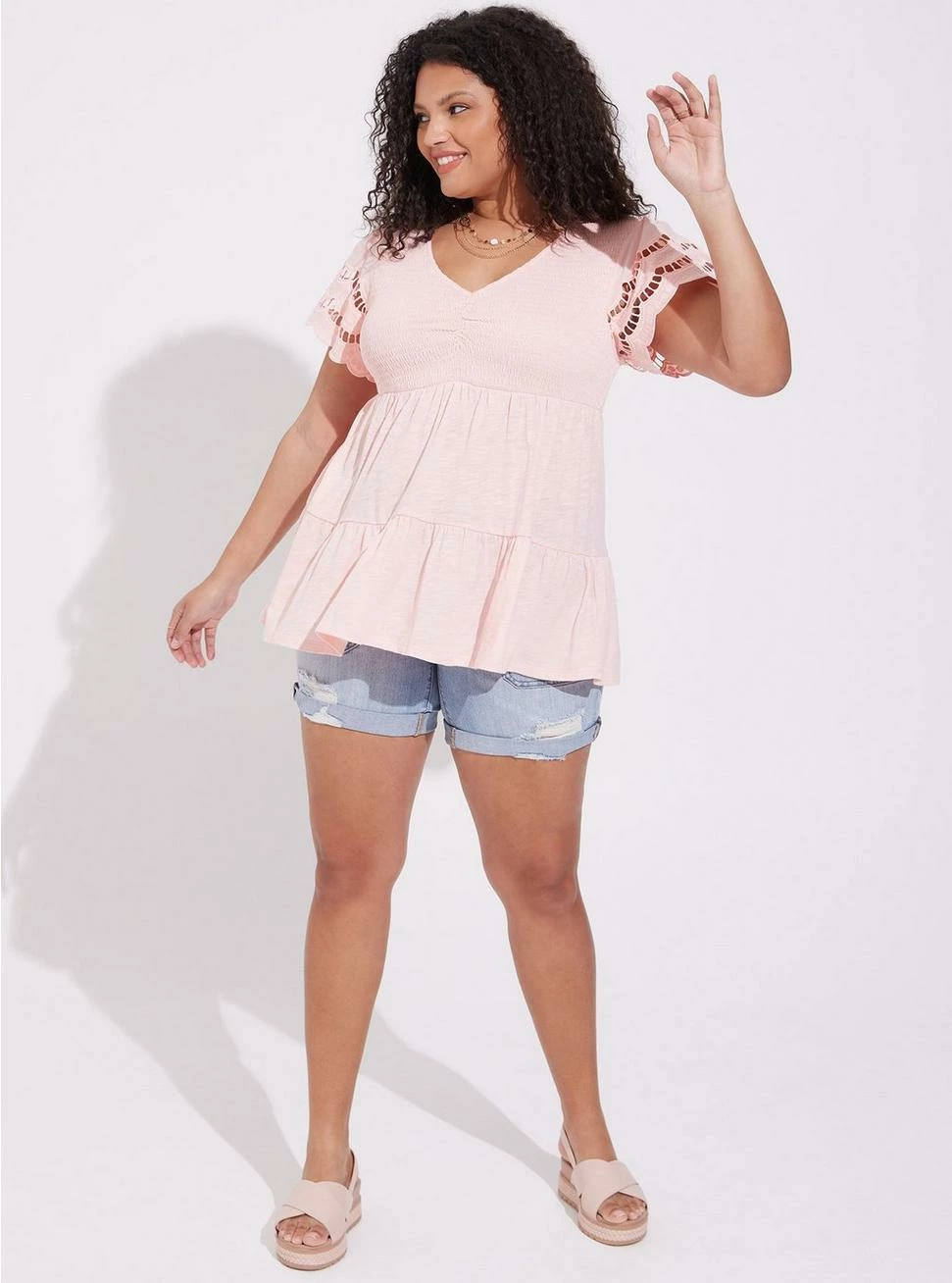 TORRID Cotton Modal Slub V-Neck Smocked Bodice Eyelet Sleeve Babydoll Top - Image 2