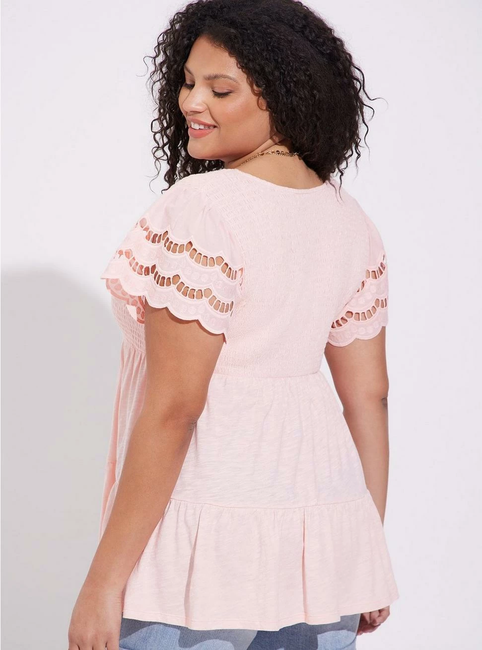 TORRID Cotton Modal Slub V-Neck Smocked Bodice Eyelet Sleeve Babydoll Top - Image 3