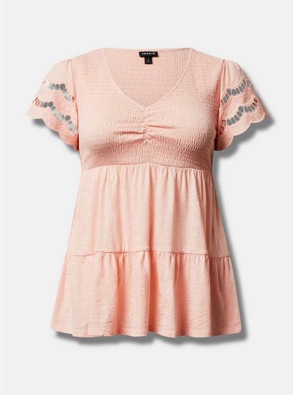 TORRID Cotton Modal Slub V-Neck Smocked Bodice Eyelet Sleeve Babydoll Top - Image 5